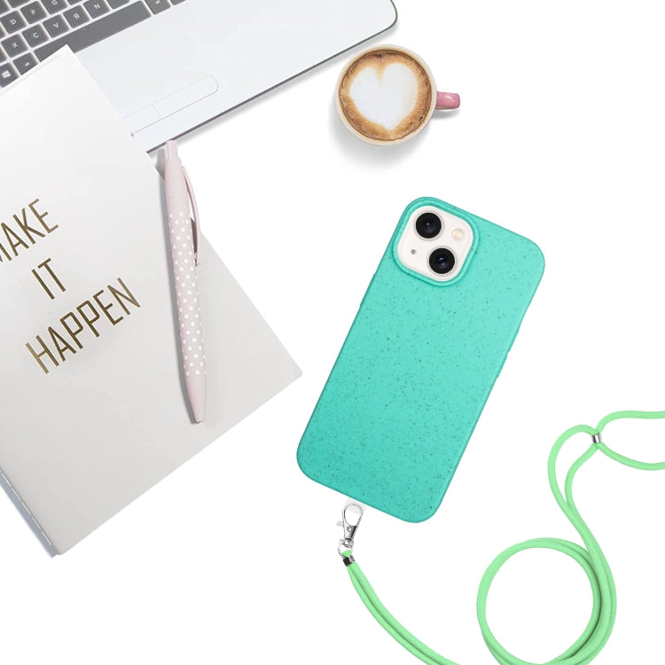 For iPhone 15 Wheat MagSafe Magnetic Straw Material + TPU Phone Case with Lanyard(Green) - iPhone 15 Cases by buy2fix | Online Shopping UK | buy2fix