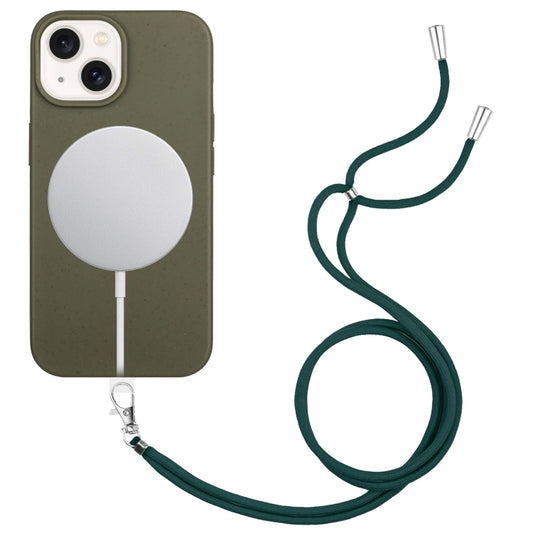 For iPhone 14 Wheat MagSafe Magnetic Straw Material + TPU Phone Case with Lanyard(Army Green) - iPhone 14 Cases by buy2fix | Online Shopping UK | buy2fix