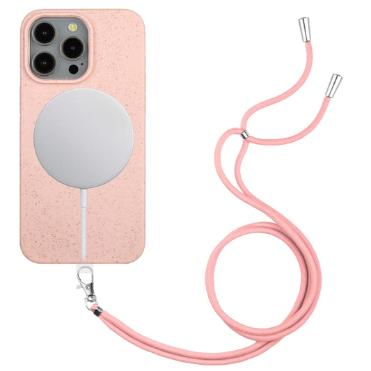 For iPhone 14 Pro Max Wheat MagSafe Magnetic Straw Material + TPU Phone Case with Lanyard(Pink) - iPhone 14 Pro Max Cases by buy2fix | Online Shopping UK | buy2fix