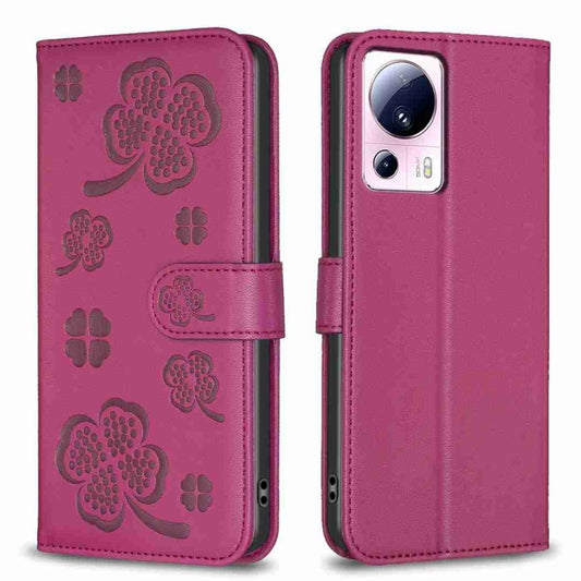 For Xiaomi 13 Lite 5G Four-leaf Embossed Leather Phone Case(Rose Red) - 13 Lite Cases by buy2fix | Online Shopping UK | buy2fix