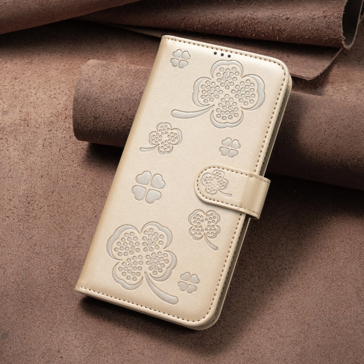 For iPhone 16 Pro Max Four-leaf Embossed Leather Phone Case(Gold) - iPhone 16 Pro Max Cases by buy2fix | Online Shopping UK | buy2fix