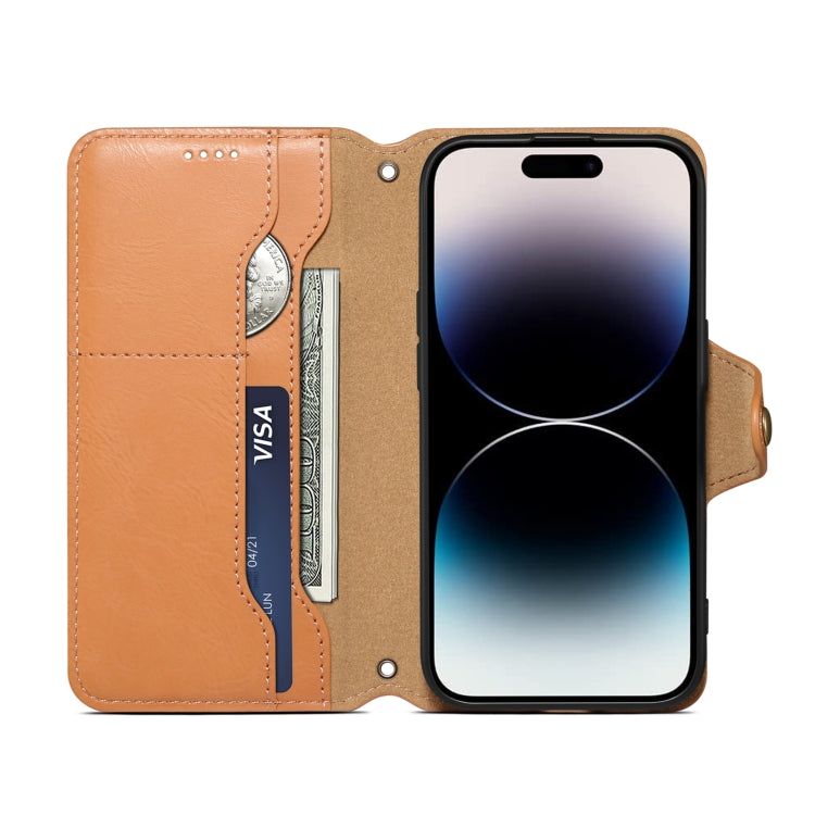 For iPhone 16 Plus Denior Cowhide Texture Wallet Style Leather Phone Case(Khaki) - iPhone 16 Plus Cases by Denior | Online Shopping UK | buy2fix