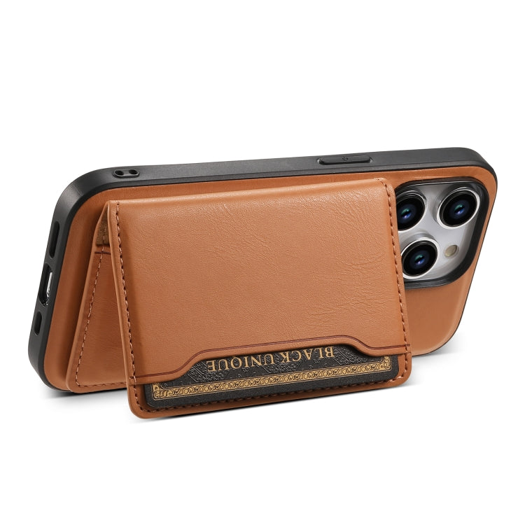 For iPhone 15 Pro Max Denior Cowhide Texture Leather MagSafe Detachable Wallet Phone Case(Khaki) - iPhone 15 Pro Max Cases by Denior | Online Shopping UK | buy2fix