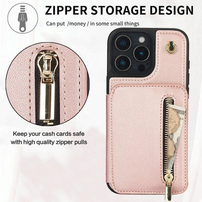 For iPhone 16 Pro Max YM006 Skin Feel Zipper Card Bag Phone Case with Dual Lanyard(Rose Gold) - iPhone 16 Pro Max Cases by buy2fix | Online Shopping UK | buy2fix