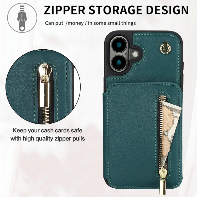 For iPhone 16 Plus YM006 Skin Feel Zipper Card Bag Phone Case with Dual Lanyard(Green) - iPhone 16 Plus Cases by buy2fix | Online Shopping UK | buy2fix