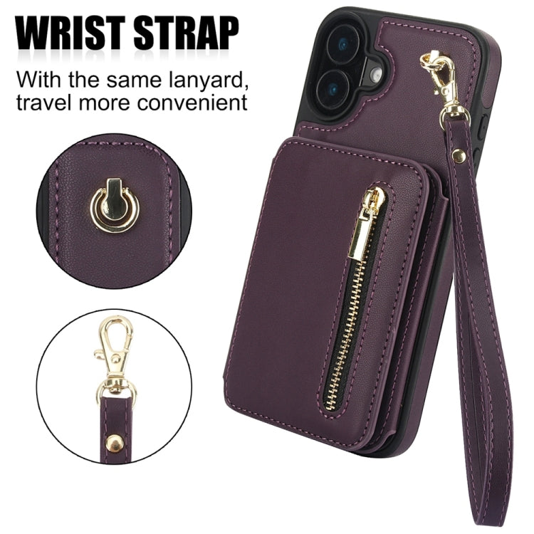 For iPhone 16 YM006 Skin Feel Zipper Card Bag Phone Case with Dual Lanyard(Dark Purple) - iPhone 16 Cases by buy2fix | Online Shopping UK | buy2fix