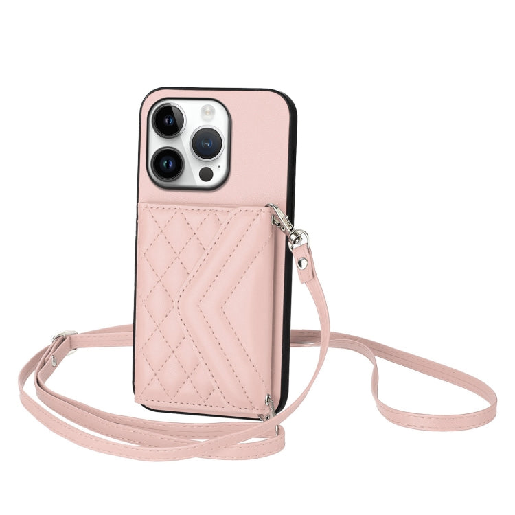 For iPhone 16 Pro Rhombic Texture Card Bag RFID Phone Case with Long Lanyard(Rose Gold) - iPhone 16 Pro Cases by buy2fix | Online Shopping UK | buy2fix