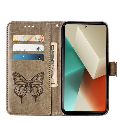 For Xiaomi Redmi Note 13 5G Global Embossed Butterfly Leather Phone Case(Grey) - Note 13 Cases by buy2fix | Online Shopping UK | buy2fix