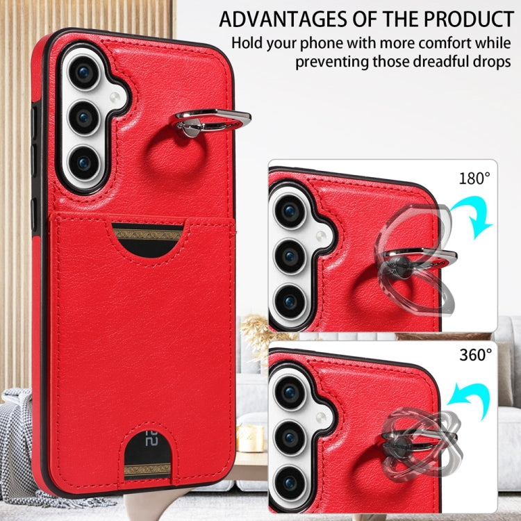 For Samsung Galaxy S23 FE 5G Calf Texture Card Slot Ring Holder Phone Case(Red) - Galaxy S23 FE 5G Cases by buy2fix | Online Shopping UK | buy2fix