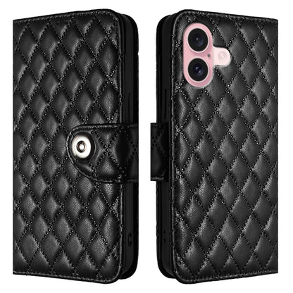 For iPhone 16 Rhombic Texture Flip Leather Phone Case with Lanyard(Black) - iPhone 16 Cases by buy2fix | Online Shopping UK | buy2fix