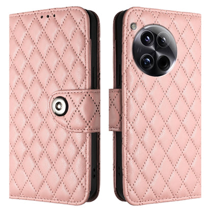 For OnePlus 12 5G Global Rhombic Texture Flip Leather Phone Case with Lanyard(Coral Pink) - OnePlus Cases by buy2fix | Online Shopping UK | buy2fix