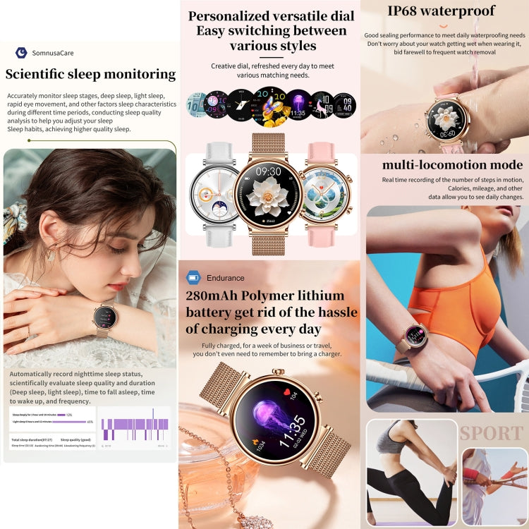 T86 Woman Health 1.27 inch Smart Watch, BT Call / Physiological Cycle / Heart Rate / Blood Pressure / Blood Glucose / SOS(Rose Gold Steel Band) - Smart Wristbands by buy2fix | Online Shopping UK | buy2fix