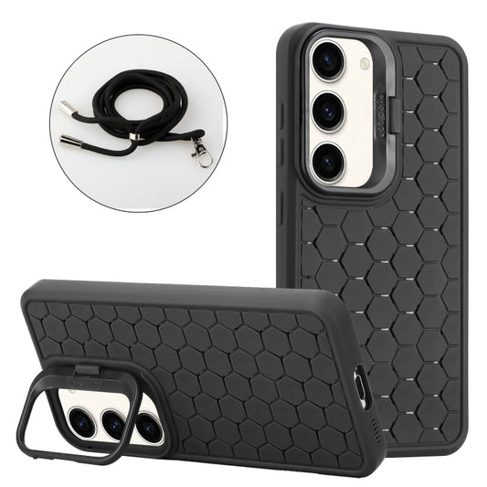 For Samsung Galaxy S23 5G Honeycomb Radiating Lens Holder Magsafe Phone Case with Lanyard(Black) - Galaxy S23 5G Cases by buy2fix | Online Shopping UK | buy2fix