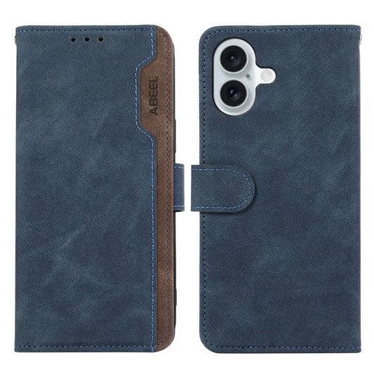 For iPhone 16 ABEEL Color Block Magnetic RFID Leather Phone Case(Blue-Brown) - iPhone 16 Cases by buy2fix | Online Shopping UK | buy2fix