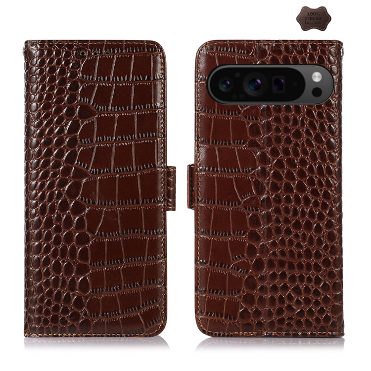 For Google Pixel 9 Pro Crocodile Top Layer Cowhide Leather Phone Case(Brown) - Google Cases by buy2fix | Online Shopping UK | buy2fix