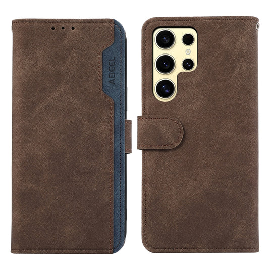 For Samsung Galaxy S22 Ultra 5G ABEEL Color Block Magnetic RFID Leather Phone Case(Brown-Blue) - Galaxy S22 Ultra 5G Cases by buy2fix | Online Shopping UK | buy2fix