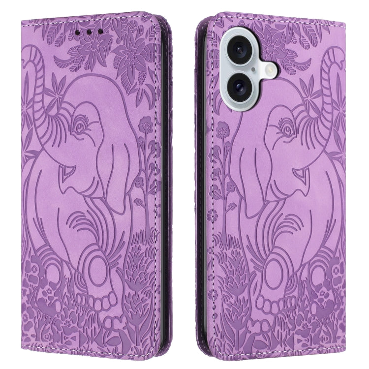 For iPhone 16 Retro Elephant Embossed Leather Phone Case(Purple) - iPhone 16 Cases by buy2fix | Online Shopping UK | buy2fix