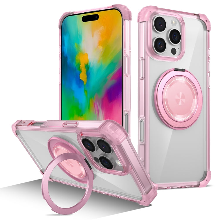 For iPhone 16 Pro Max Gold Shield CD Pattern MagSafe Magnetic Phone Case with Rotating Stand(Transparent Pink) - iPhone 16 Pro Max Cases by buy2fix | Online Shopping UK | buy2fix