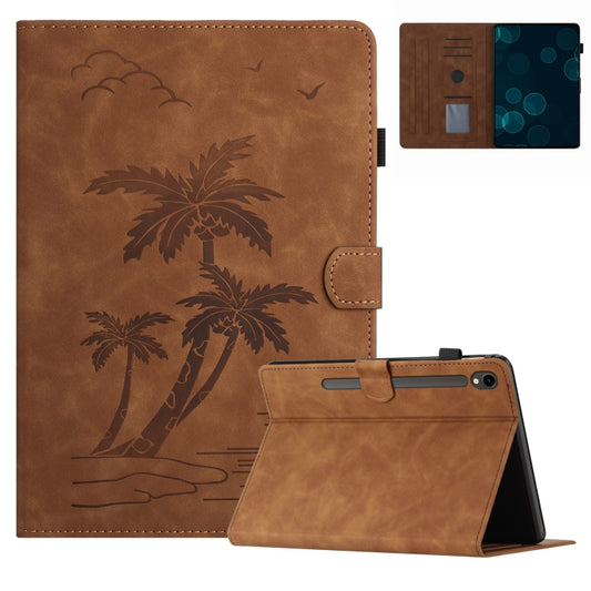 For Samsung Galaxy Tab S9 X710/X716B/X718U Coconut Tree Embossed Smart Leather Tablet Case(Brown) - Galaxy Tab S9 Cases by buy2fix | Online Shopping UK | buy2fix