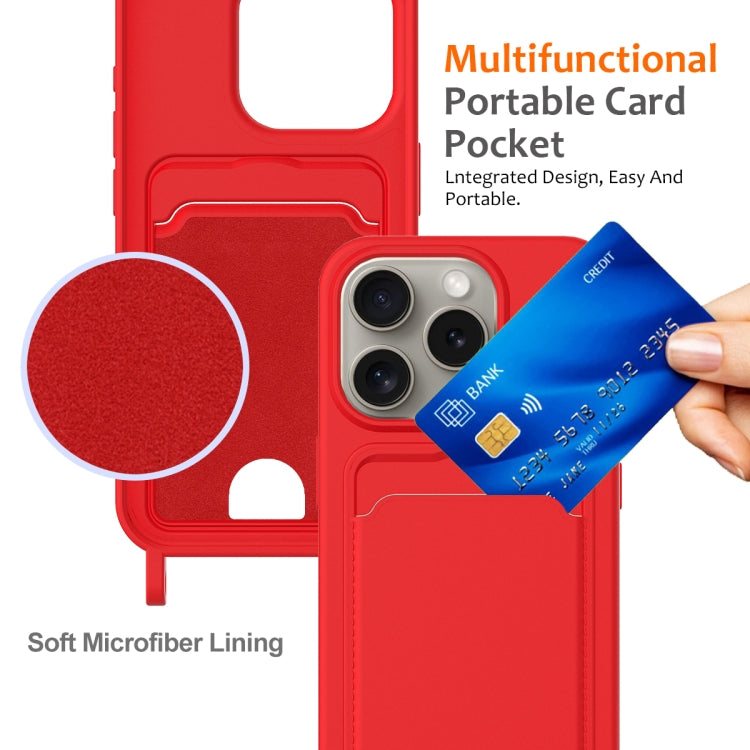 For iPhone 16 Pro Integrated Card Bag Solid Color Liquid Silicone Phone Case with Lanyard(Red) - iPhone 16 Pro Cases by buy2fix | Online Shopping UK | buy2fix