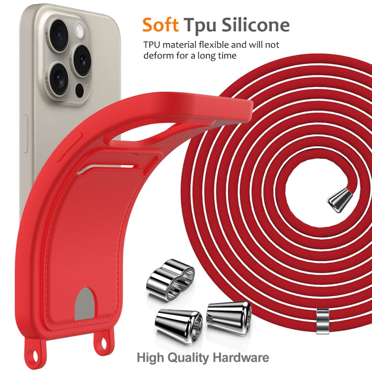 For iPhone 16 Pro Integrated Card Bag Solid Color Liquid Silicone Phone Case with Lanyard(Red) - iPhone 16 Pro Cases by buy2fix | Online Shopping UK | buy2fix