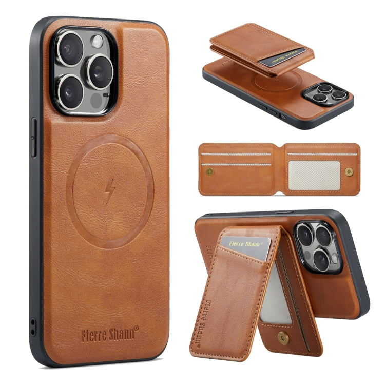 For iPhone 15 Pro Max Fierre Shann Oil Wax Cow Leather Magnetic Card Holder Phone Case(Brown) - iPhone 15 Pro Max Cases by FIERRE SHANN | Online Shopping UK | buy2fix