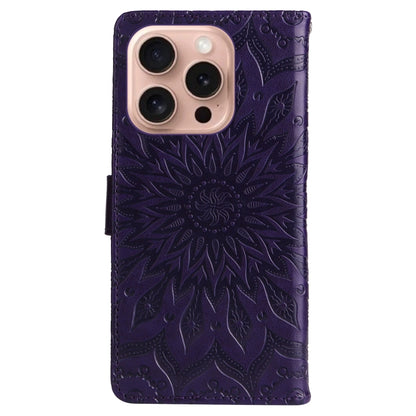 For iPhone 16 Pro Embossed Sunflower Pattern Flip Leather Phone Case(Purple) - iPhone 16 Pro Cases by buy2fix | Online Shopping UK | buy2fix