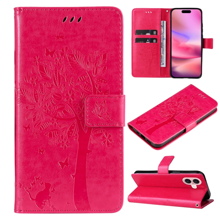 For iPhone 16 Tree & Cat Embossed Pattern Flip Leather Phone Case(Rose Red) - iPhone 16 Cases by buy2fix | Online Shopping UK | buy2fix