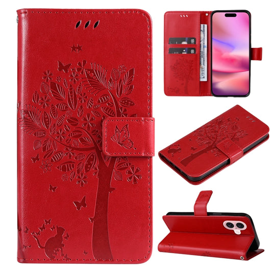 For iPhone 16 Tree & Cat Embossed Pattern Flip Leather Phone Case(Red) - iPhone 16 Cases by buy2fix | Online Shopping UK | buy2fix