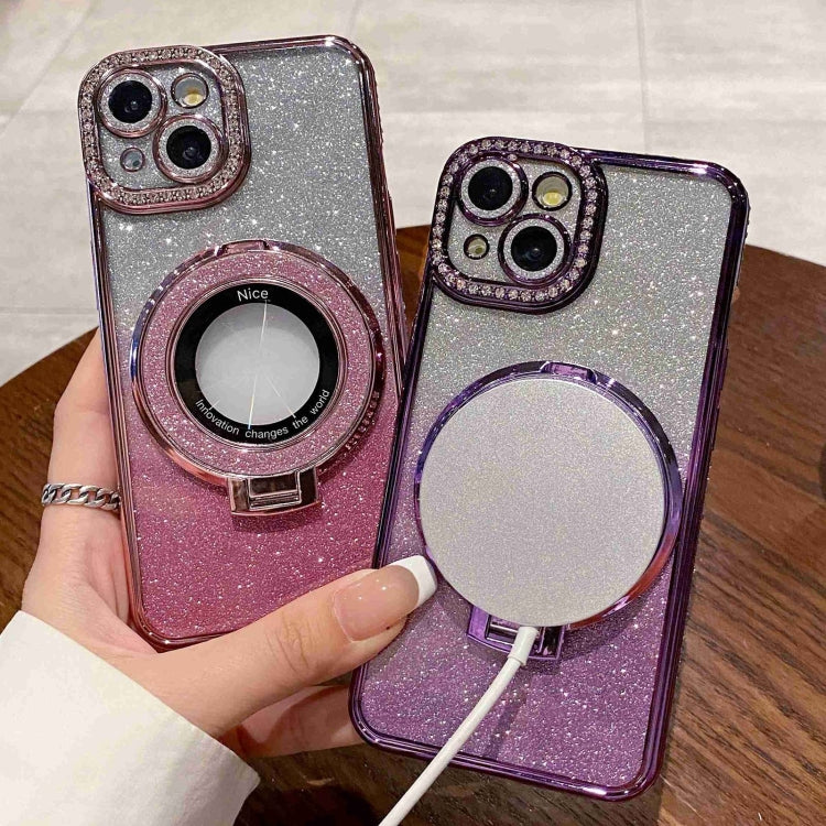 For iPhone 12 Gradient Glitter Diamond Plated Holder Magsafe Phone Case(Pink) - iPhone 12 / 12 Pro Cases by buy2fix | Online Shopping UK | buy2fix