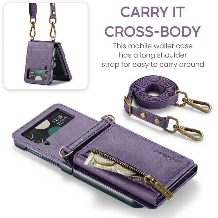 For Samsung Galaxy Z Flip3 5G DG.MING M5 Series Zip RFID Multi Card Detachable Leather Phone Case with Long Lanyard(Purple) - Galaxy Phone Cases by DG.MING | Online Shopping UK | buy2fix