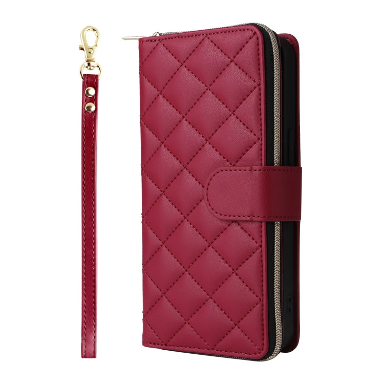 For iPhone 16 Pro Crossbody Rhombic Zipper Tower Buckle Leather Phone Case with Lanyard(Wine Red) - iPhone 16 Pro Cases by buy2fix | Online Shopping UK | buy2fix