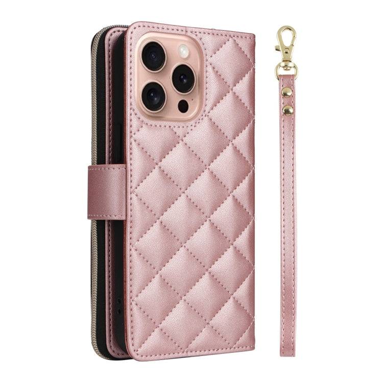 For iPhone 16 Pro Crossbody Rhombic Zipper Tower Buckle Leather Phone Case with Lanyard(Rose Gold) - iPhone 16 Pro Cases by buy2fix | Online Shopping UK | buy2fix