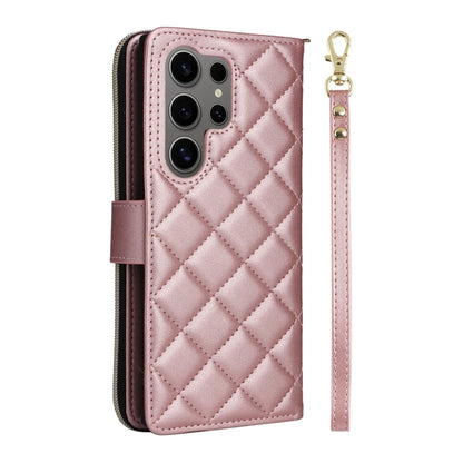 For Samsung Galaxy S25 Ultra 5G Crossbody Rhombic Zipper Tower Buckle Leather Phone Case with Lanyard(Rose Gold) - Galaxy S25 Ultra 5G Cases by buy2fix | Online Shopping UK | buy2fix