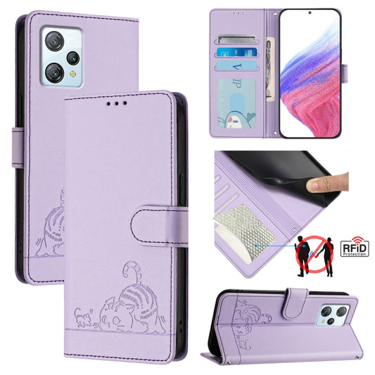 For Blackview A53 Cat Rat Embossed Pattern RFID Leather Phone Case with Lanyard(Purple) - More Brand by buy2fix | Online Shopping UK | buy2fix