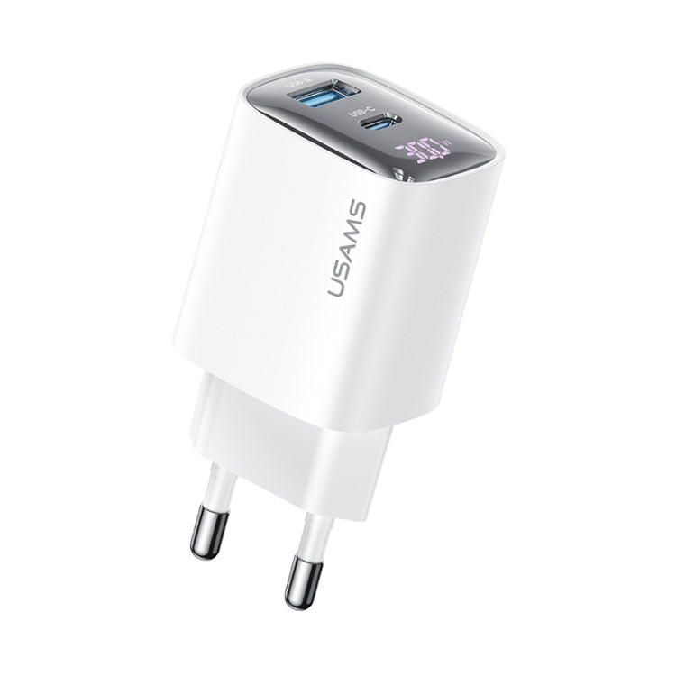 USAMS CC229 30W USB+USB-C / Type-C Dual Port GaN Digital Display Charger, Specifications: EU Plug(White) - USB Charger by USAMS | Online Shopping UK | buy2fix