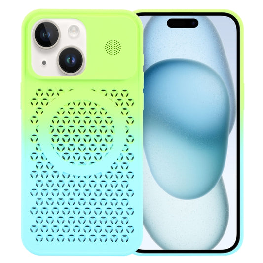 For iPhone 15 Gradient Color Honeycomb Aromatherapy MagSafe Phone Case(Green Blue) - iPhone 15 Cases by buy2fix | Online Shopping UK | buy2fix