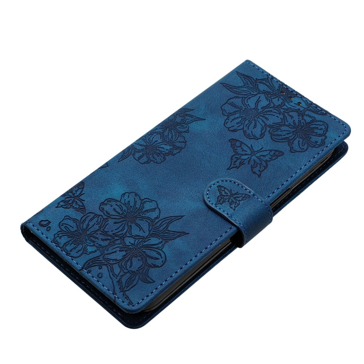 For iPhone 16 Cherry Blossom Butterfly Skin Feel Embossed PU Phone Case(Blue) - iPhone 16 Cases by buy2fix | Online Shopping UK | buy2fix