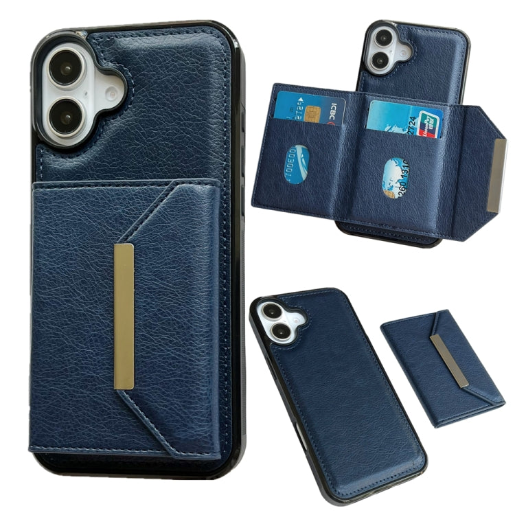 For iPhone 16 Solid Color Metal Buckle Card Slots Bag Phone Case(Blue) - iPhone 16 Cases by buy2fix | Online Shopping UK | buy2fix