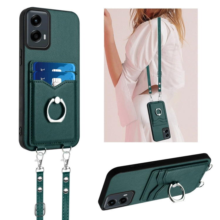 For Motorola Moto G 5G 2024 R20 Crossbody Rope Ring Card Holder Phone Case(Green) - Motorola Cases by buy2fix | Online Shopping UK | buy2fix