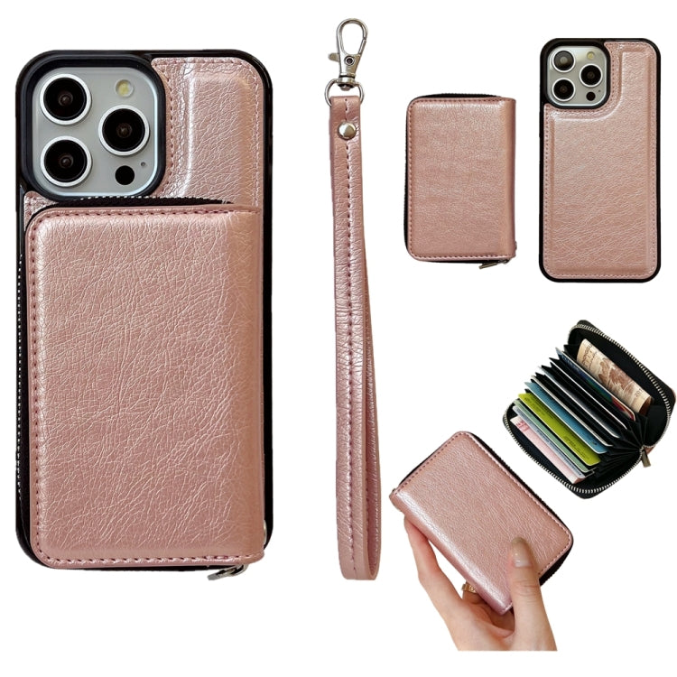 For iPhone 16 Pro Solid Color Zipper 11-Card Slots Bag Phone Case with Lanyard(Rose Gold) - iPhone 16 Pro Cases by buy2fix | Online Shopping UK | buy2fix