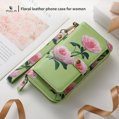 For iPhone 15 Plus POLA MagSafe Flower Multi-functional Zipper Wallet Leather Phone Case(Green) - iPhone 15 Plus Cases by buy2fix | Online Shopping UK | buy2fix