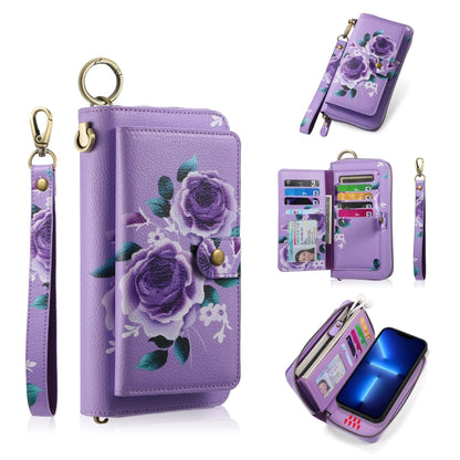 For iPhone 13 Pro Max POLA MagSafe Flower Multi-functional Zipper Wallet Leather Phone Case(Purple) - iPhone 13 Pro Max Cases by buy2fix | Online Shopping UK | buy2fix