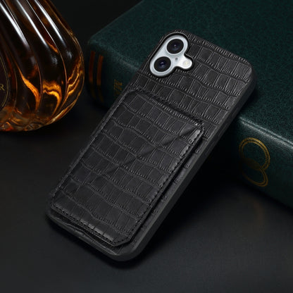 For iPhone 16 Plus Imitation Crocodile Leather Back Phone Case with Holder(Black) - iPhone 16 Plus Cases by buy2fix | Online Shopping UK | buy2fix