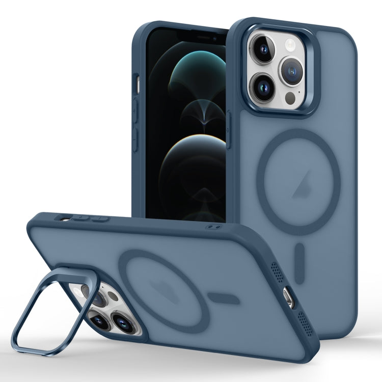 For iPhone 12 Pro Max Magsafe Skin Feel Lens Holder Phone Case(Dark Blue) - iPhone 12 Pro Max Cases by buy2fix | Online Shopping UK | buy2fix