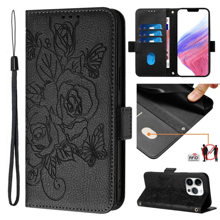 For iPhone 16 Pro Embossed Rose RFID Anti-theft Leather Phone Case(Black) - iPhone 16 Pro Cases by buy2fix | Online Shopping UK | buy2fix