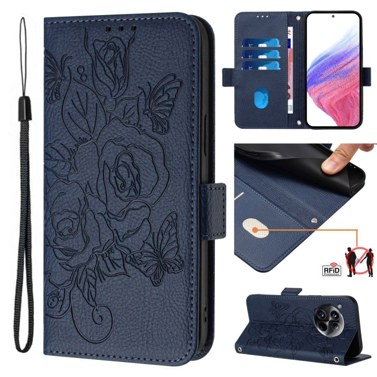 For OnePlus 12 5G Embossed Rose RFID Anti-theft Leather Phone Case(Dark Blue) - OnePlus Cases by buy2fix | Online Shopping UK | buy2fix