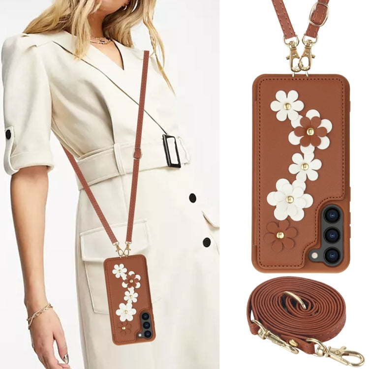 For Samsung Galaxy S25+ 5G Crossbody Flower Pattern Leather Phone Case(Brown) - Galaxy S23+ 5G Cases by buy2fix | Online Shopping UK | buy2fix