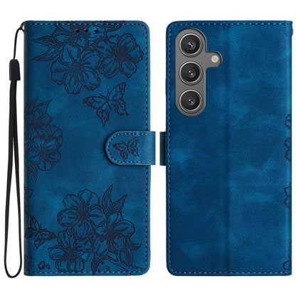 For Samsung Galaxy S25 5G Cherry Blossom Butterfly Skin Feel Embossed PU Phone Case(Blue) - Galaxy S25 5G Cases by buy2fix | Online Shopping UK | buy2fix