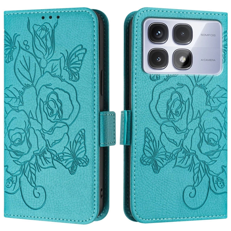 For Redmi K70 Ultra 5G Global Embossed Rose RFID Anti-theft Leather Phone Case(Light Blue) - Xiaomi Cases by buy2fix | Online Shopping UK | buy2fix